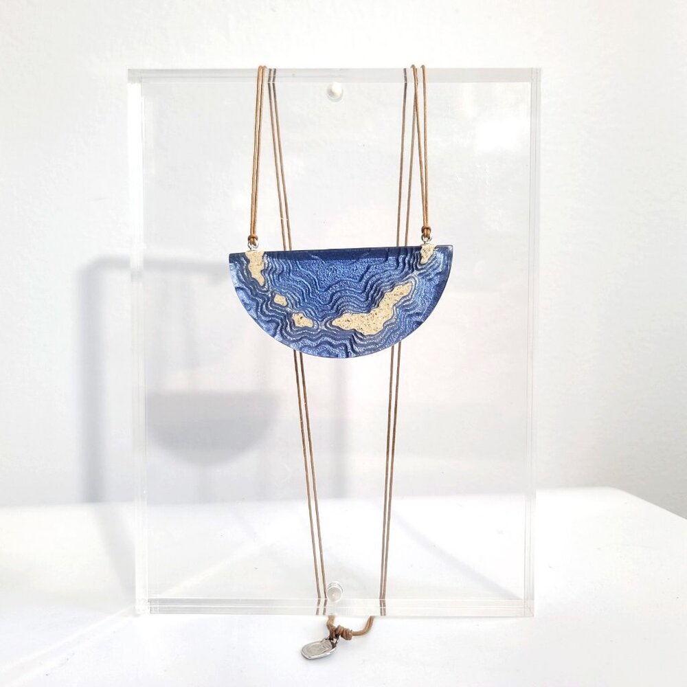 BoldB semi-circle resin & sand blue pendant necklace artisan handmade, Ocean Sea